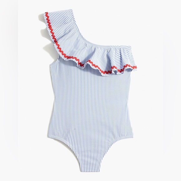 J.Crew Factory Seersucker Ruffle One-Shoulder One-Piece - Picture 2 of 11